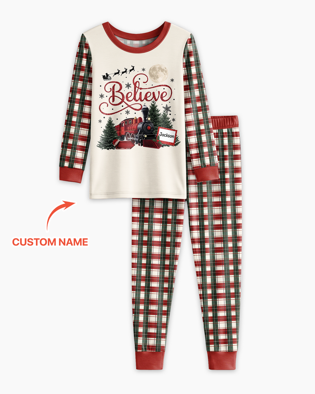 Custom Name Believe Christmas Express Bamboo Two Piece Long Sleeve Pajama Set
