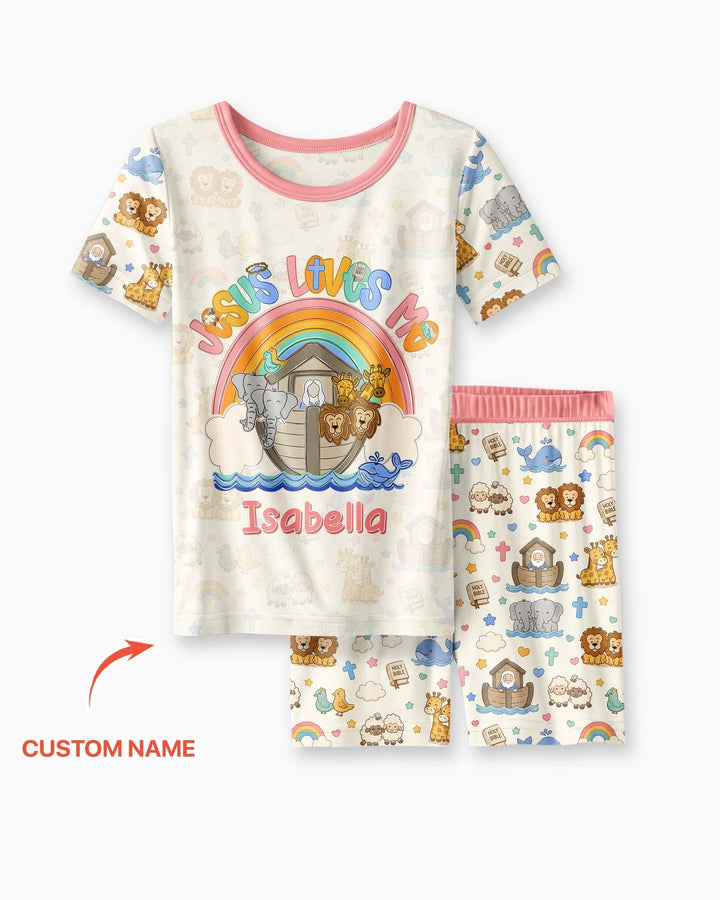 Custom Name Noah's Ark Jesus Loves Me Bamboo Two Piece Short Sleeve Shorts Pajama Set