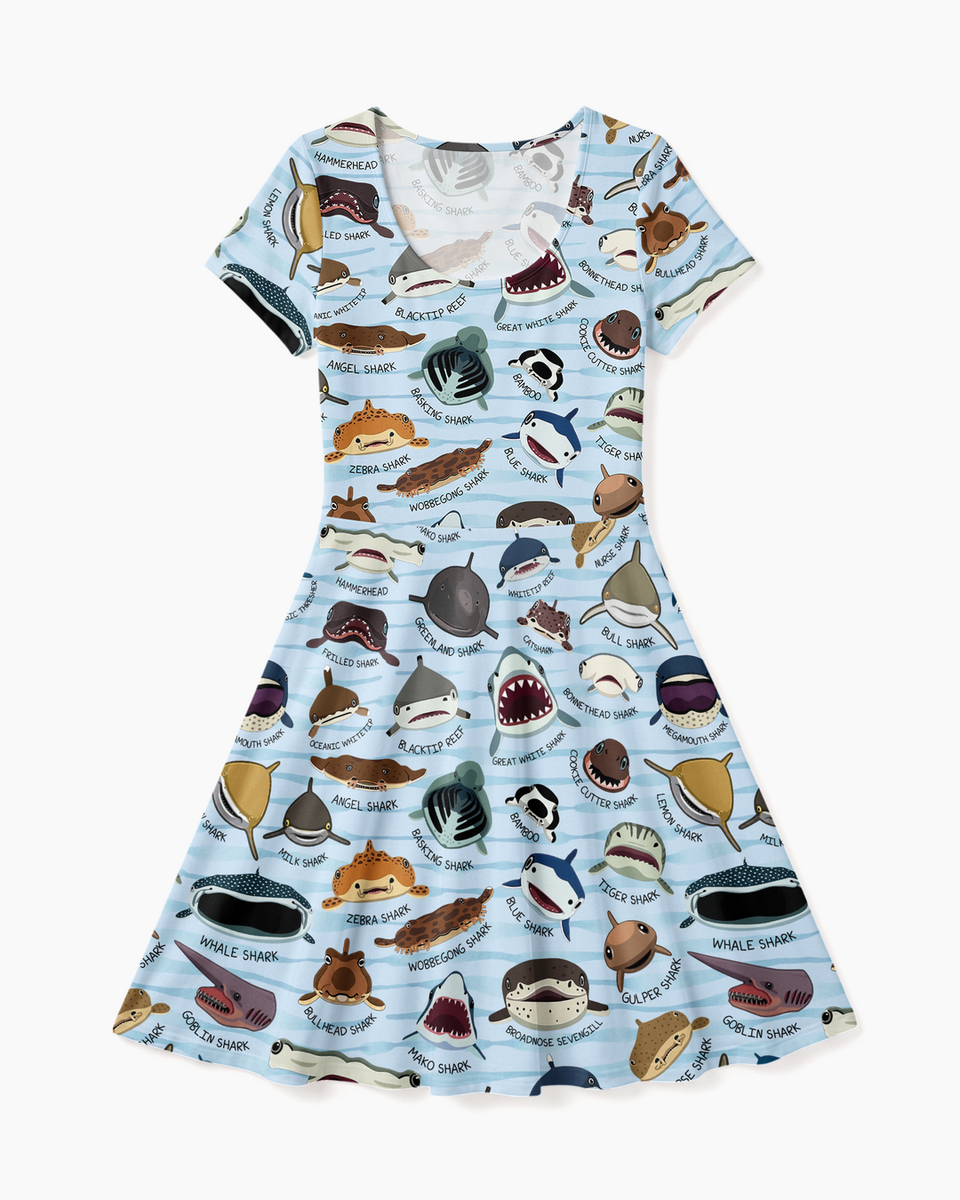 Shark Faces Bamboo Women’s Short Sleeve Twirl Dress