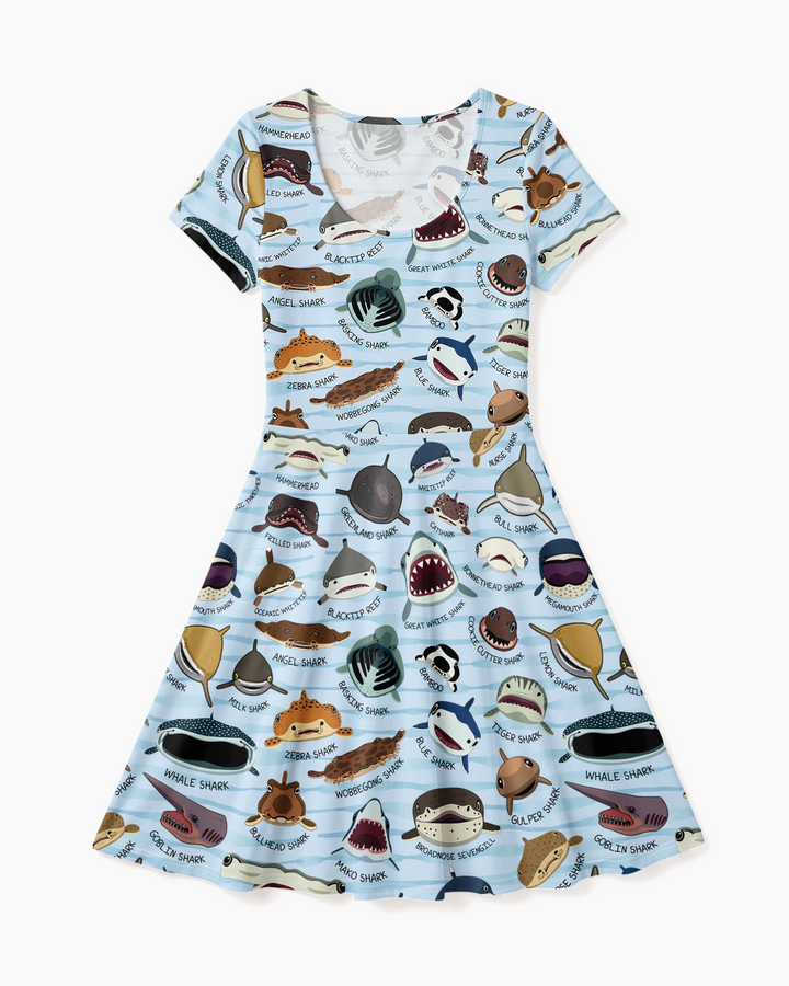 Shark Faces Bamboo Women’s Short Sleeve Twirl Dress