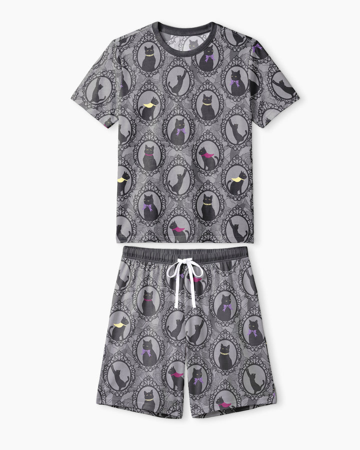 Midnight Cat Parade Bamboo Men Short Sleeve Short Pajama Set