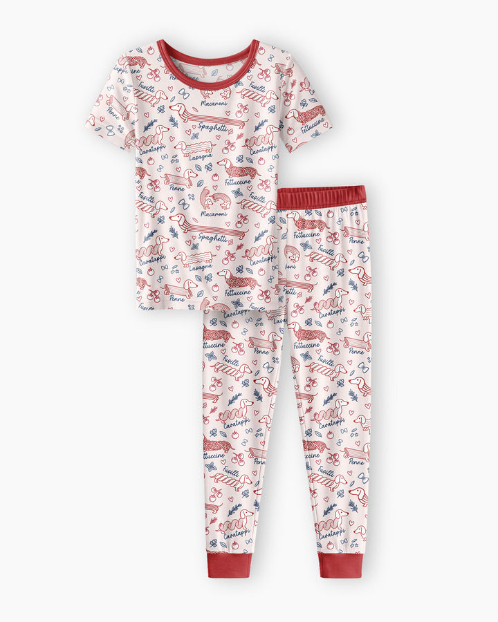 Funny Dachshund Pasta Pups Bamboo Two Piece Short Sleeve Pajama Set