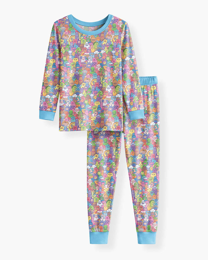 Doodle Characters Pastel Bamboo Two Piece Long Sleeve Pajama Set