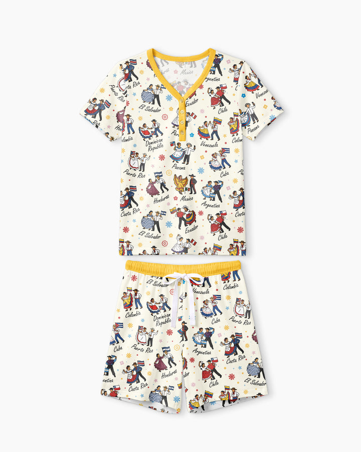 Hispanic Traditional Folkloric Dress Bamboo Women Short Sleeve Short Pajama Set