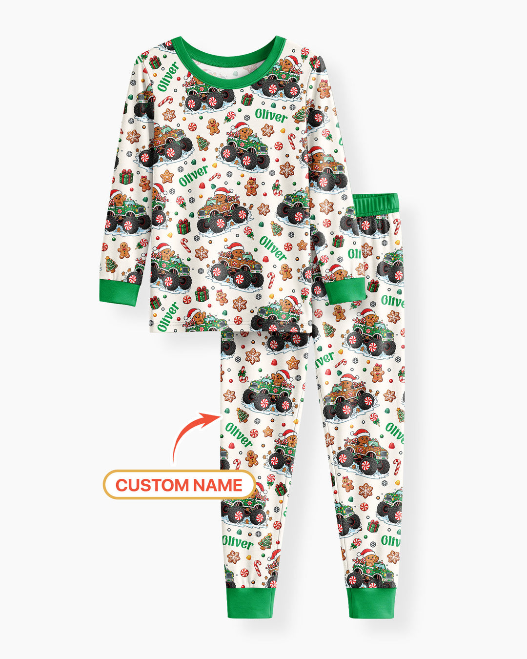 Custom Name Monster Truck Gingerbread Bamboo Two Piece Long Sleeve Pajama Set