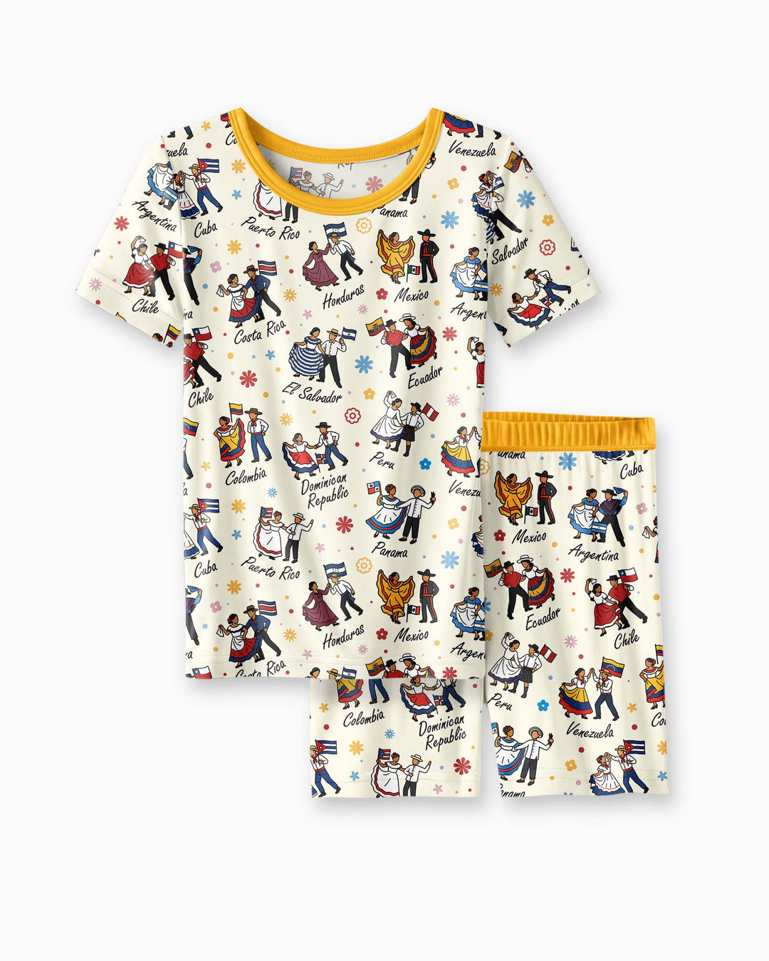 Hispanic Traditional Folkloric Dress Bamboo Two Piece Short Sleeve Shorts Pajama Set