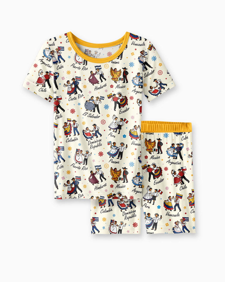 Hispanic Traditional Folkloric Dress Bamboo Two Piece Short Sleeve Shorts Pajama Set