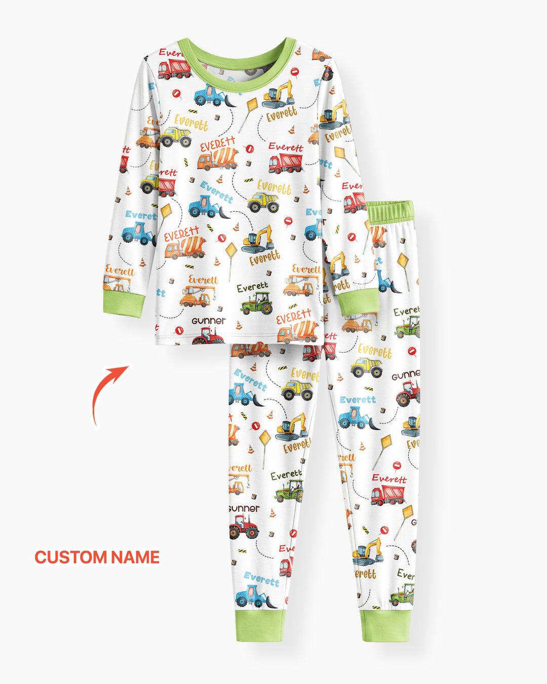 Construction Vehicles Custom Name Bamboo Two Piece Long Sleeve Pyjamas Set