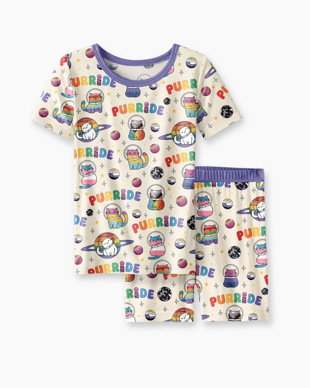 Rainbow Space Cats Family Matching Bamboo Two Piece Short Sleeve Shorts Pajama Set