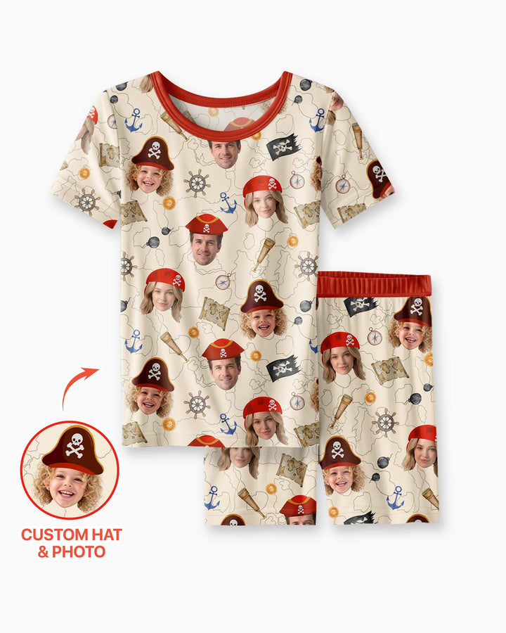 Custom Photo Treasure Map Adventures Family Matching Bamboo Two Piece Short Sleeve Shorts Pajama Set