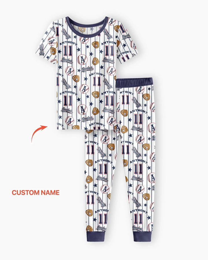 Custom Name Baseball Time Bamboo Two Piece Short Sleeve Pajama Set