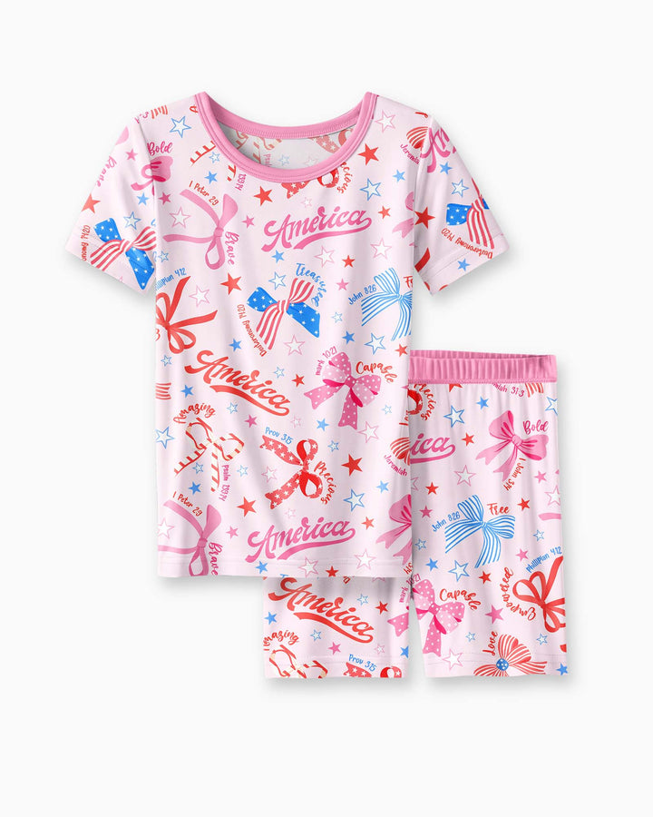Pink Girly Patriotic  Bamboo Two Piece Short Sleeve Shorts Pajama Set