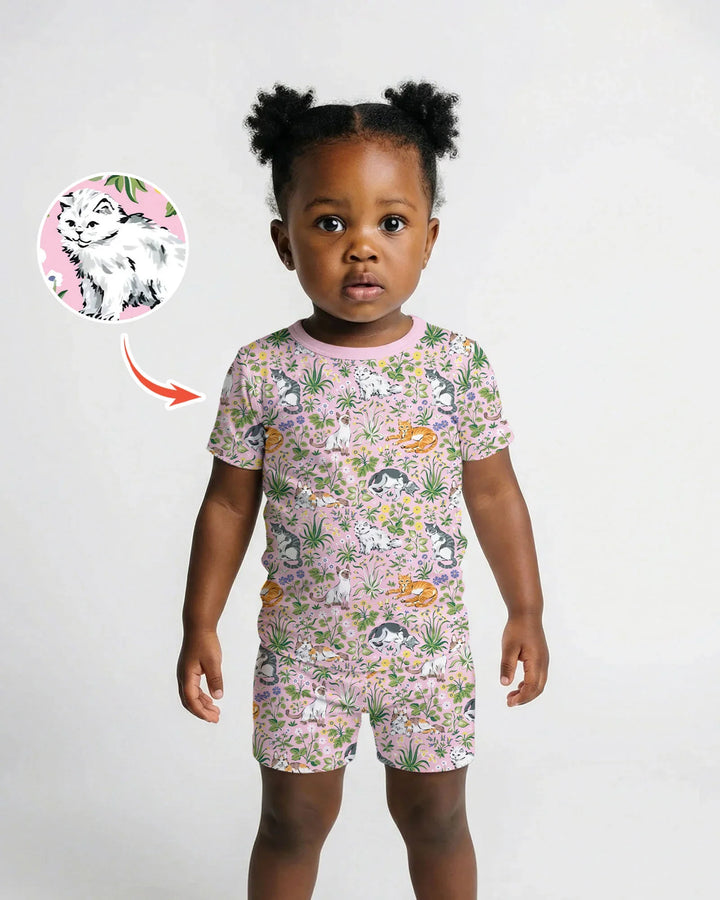 Kitten Garden Family Matching Bamboo Two Piece Short Sleeve Shorts Pajama Set