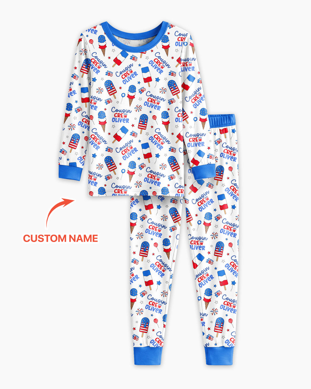 Custom Name 4th of July Cousin Crew Bamboo Two Piece Long Sleeve Pajama Set