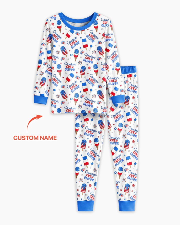 Custom Name 4th of July Cousin Crew Bamboo Two Piece Long Sleeve Pajama Set