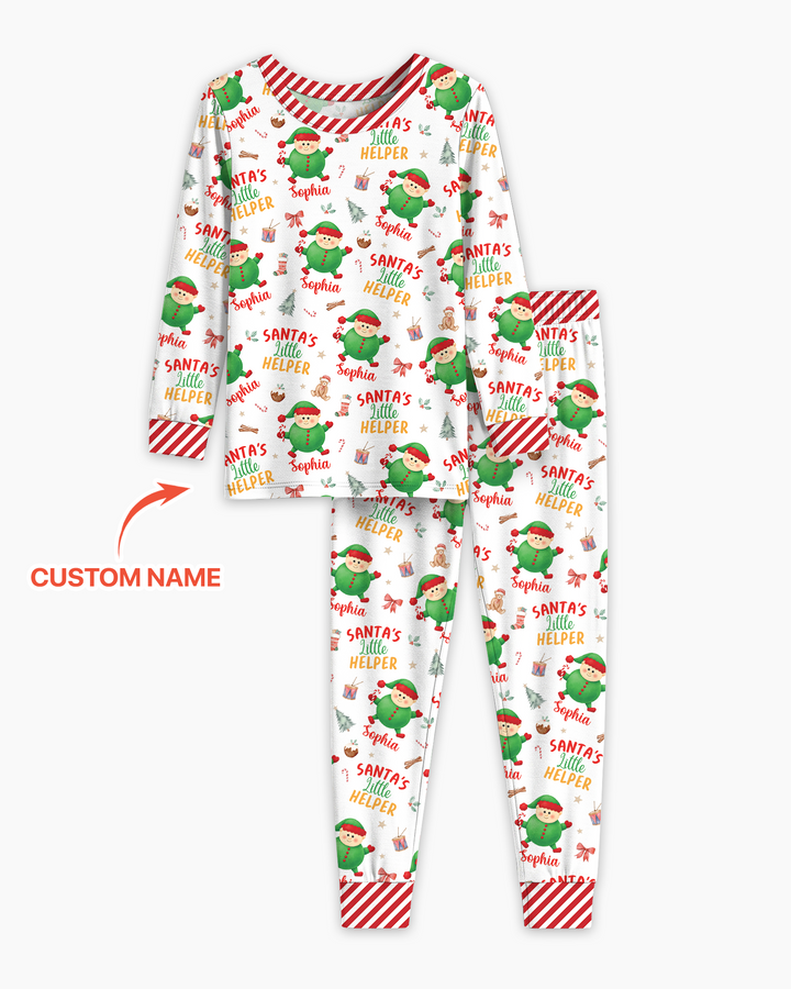 Custom Name Santa's Little Helper Bamboo Two Piece Long Sleeve Pajama Set