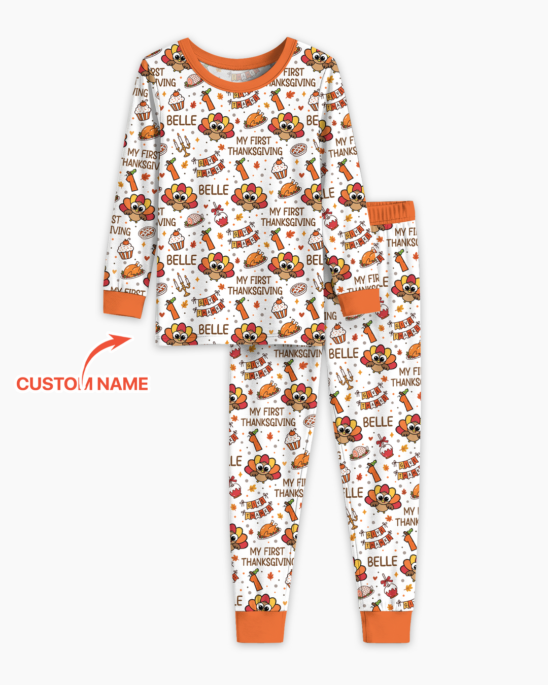 Custom Name Doodle Turkey My First Thanksgiving Bamboo Two Piece Long Sleeve Pajama Set