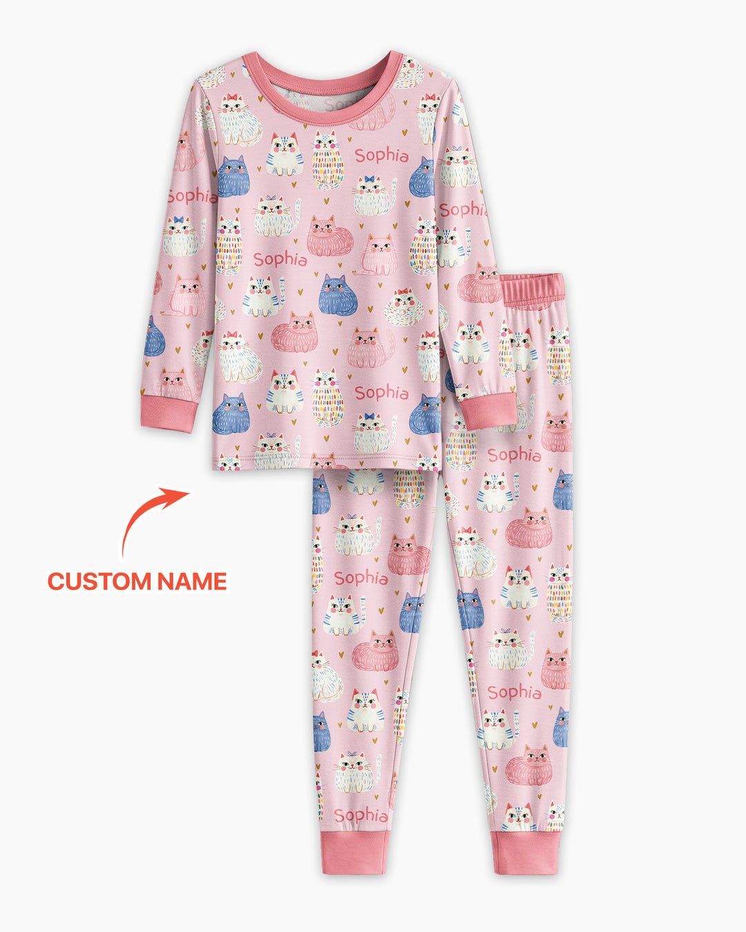 Custom Name Cute Pastel Cat Bamboo Two Piece Long Sleeve Pajama Set