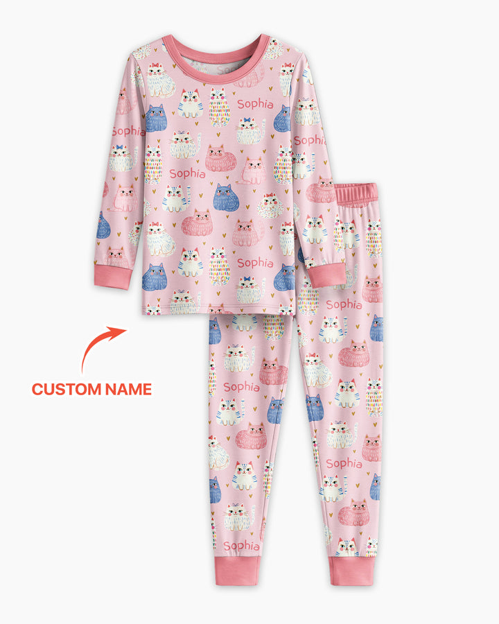 Custom Name Cute Pastel Cat Bamboo Two Piece Long Sleeve Pajama Set