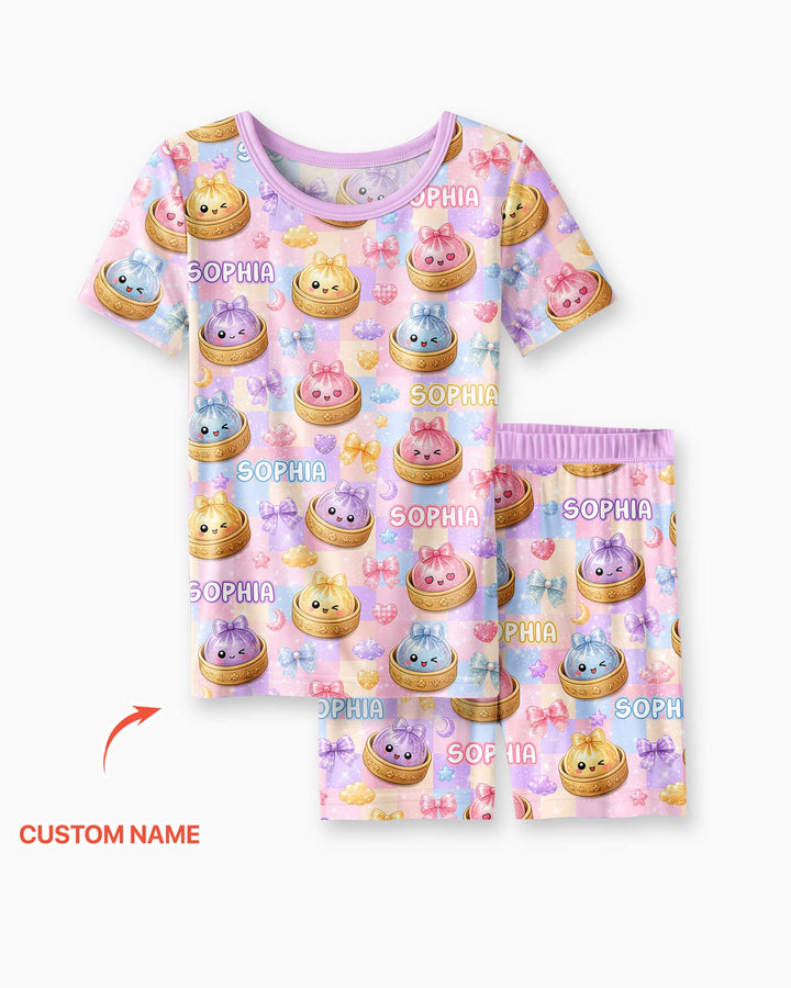 Custom Name Coquette Glitter Dumpling Bamboo Two Piece Short Sleeve Shorts Pajama Set