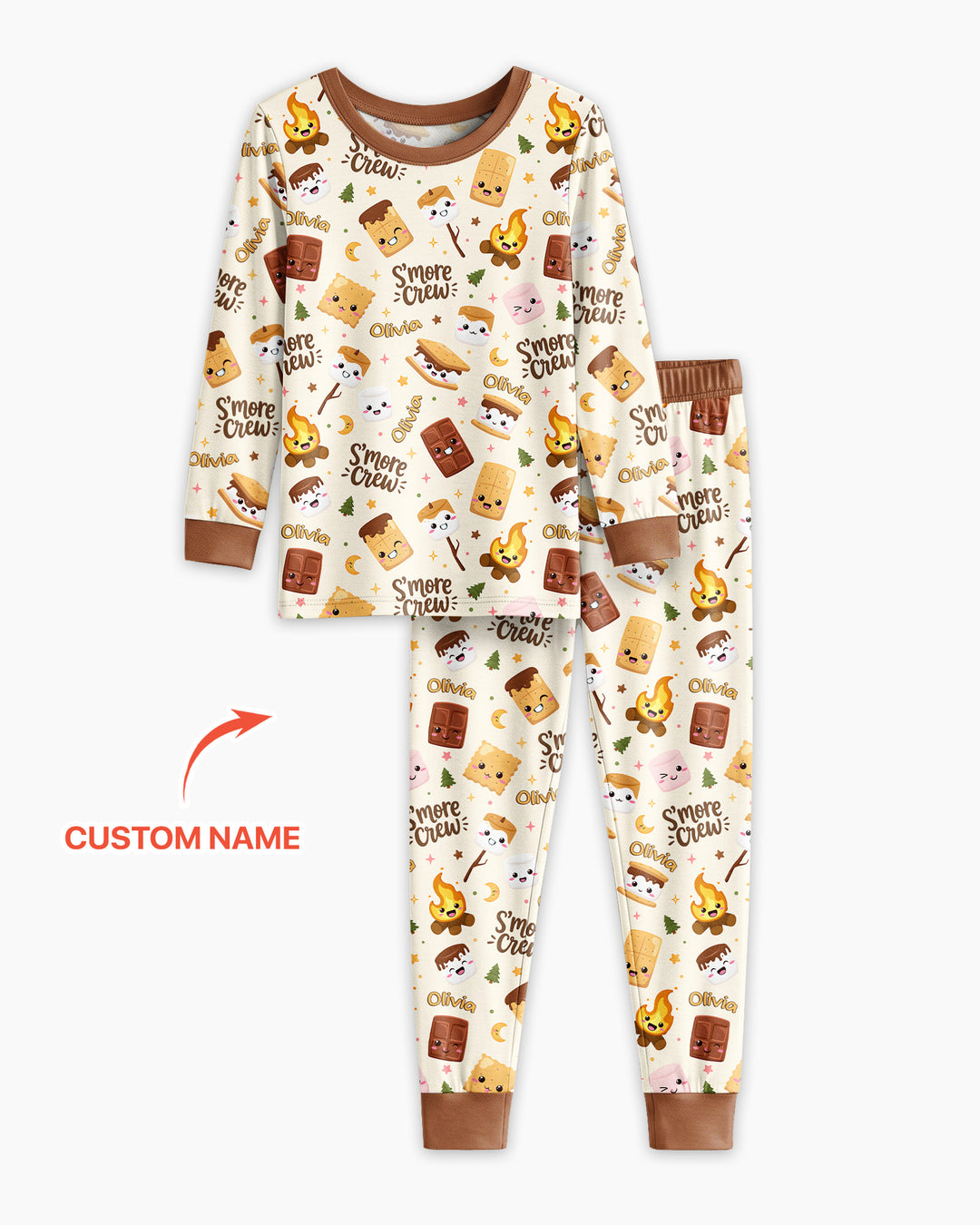 Custom Name Kawaii S'more Crew Family Matching Bamboo Two Piece Long Sleeve Pajama Set