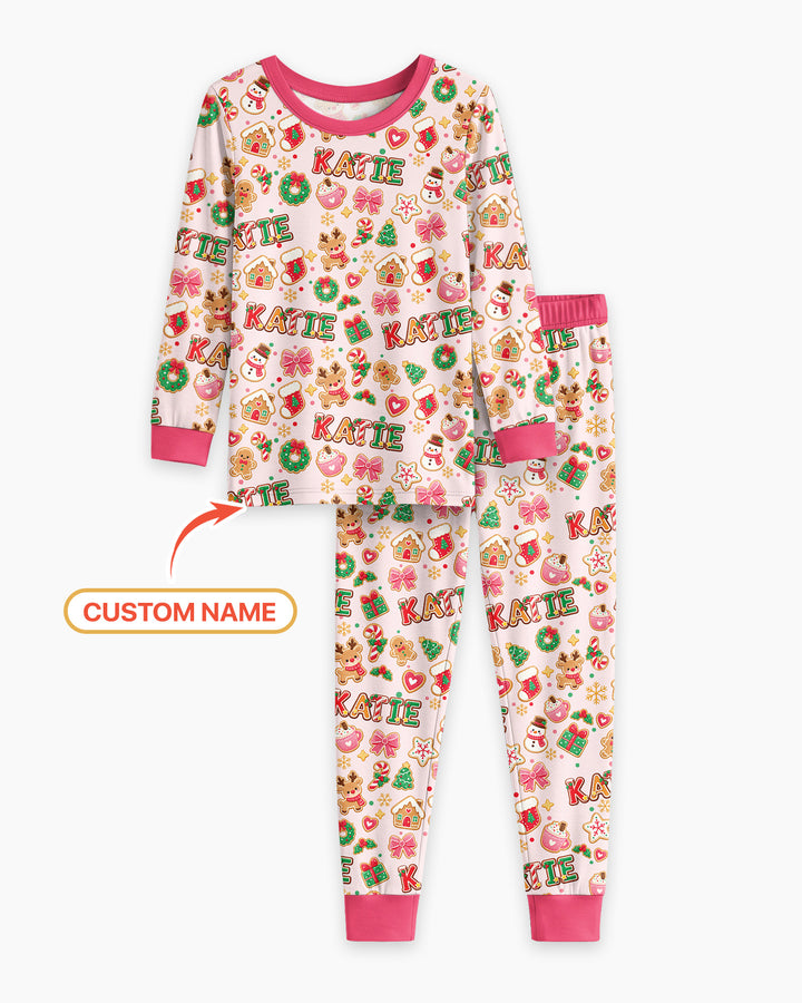 Pink GingerBread Custom Name Bamboo Two Piece Long Sleeve Pajama Set