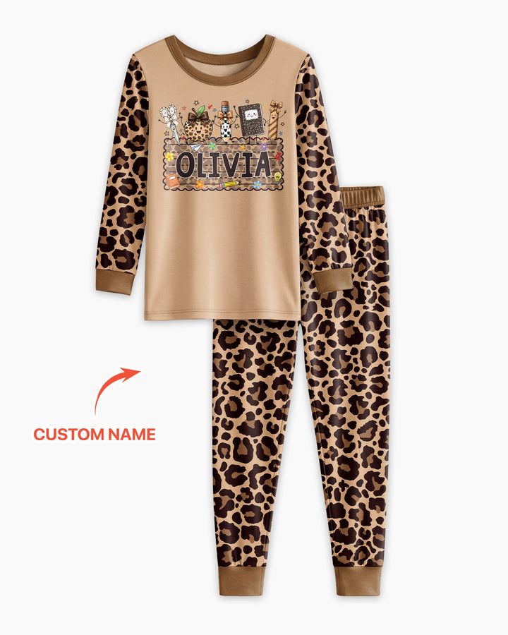 Custom Name School Sweetheart Leopard Bamboo Two Piece Long Sleeve Pajama Set