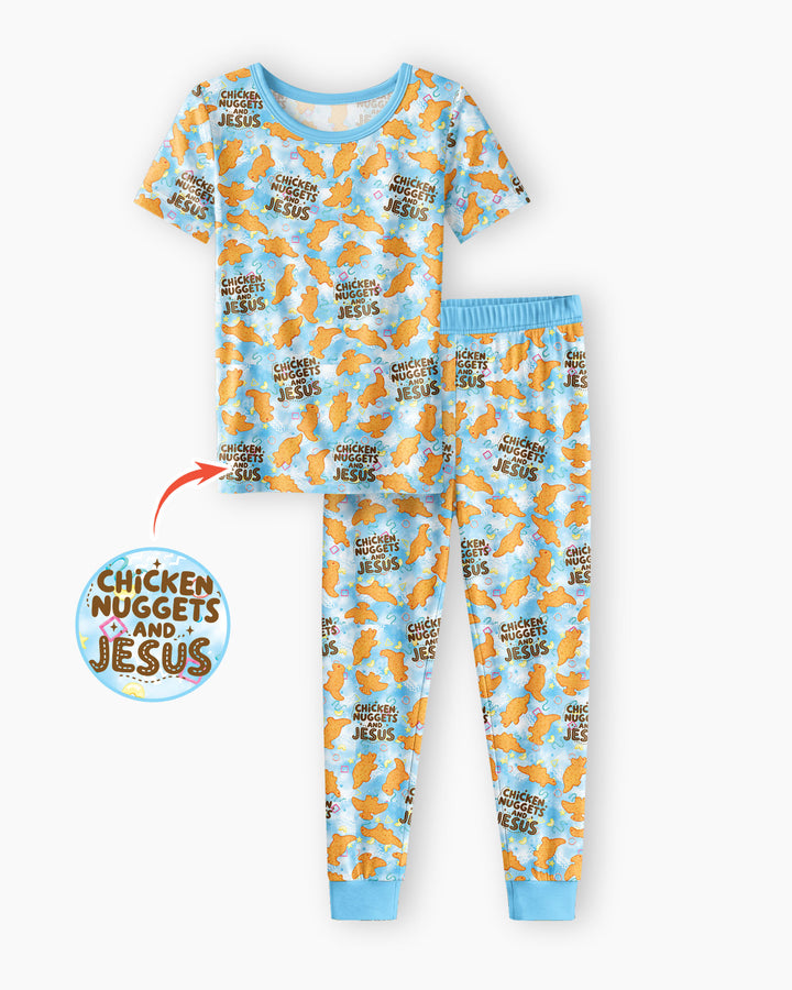 Chicken Nuggets and Jesus Family MatchingBamboo Two Piece Short Sleeve Pajama Set