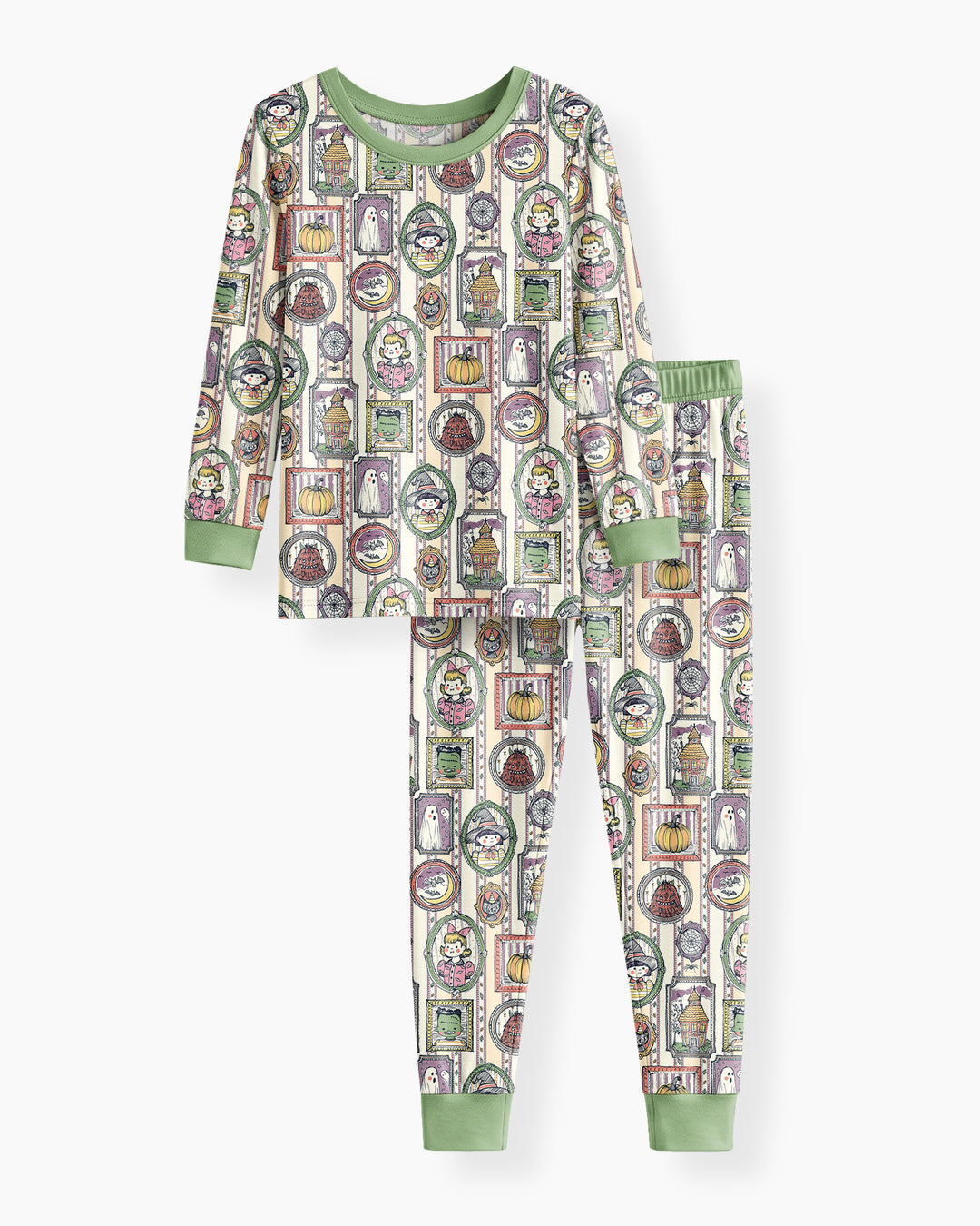 Vintage Halloween Ghost Pumpkin Portraits Bamboo Two Piece Long Sleeve Pajama Set