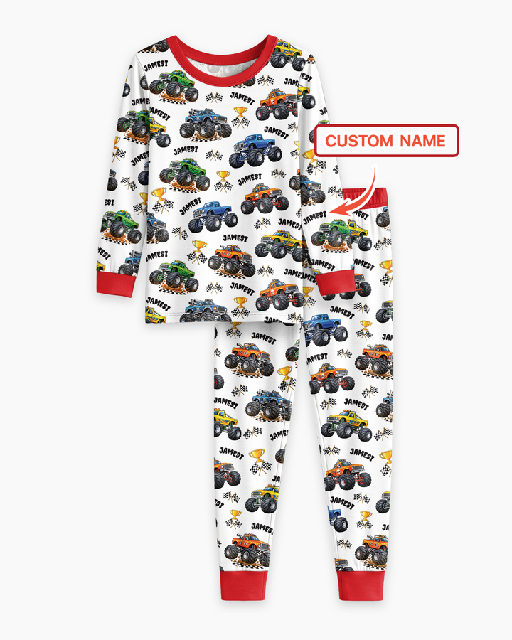 Custom Name Monster Trucks Bamboo Two Piece Long Sleeve Pajama Set