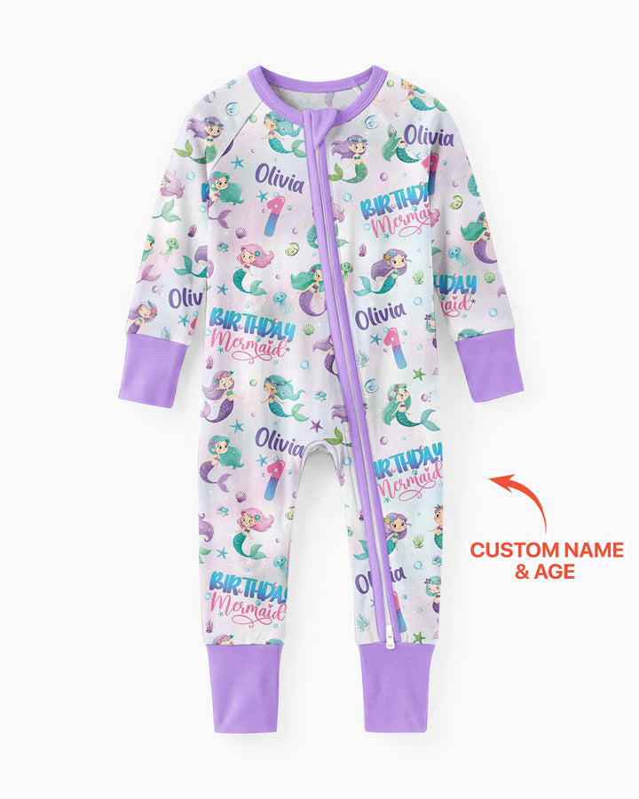 Custom Name and Age Birthday Mermaid Bamboo Convertible Zippy