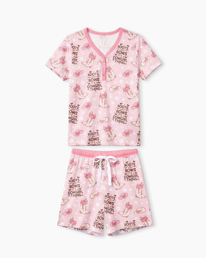Western Cowgirl Boots And Bows Bamboo Women Short Sleeve Short Pajama Set