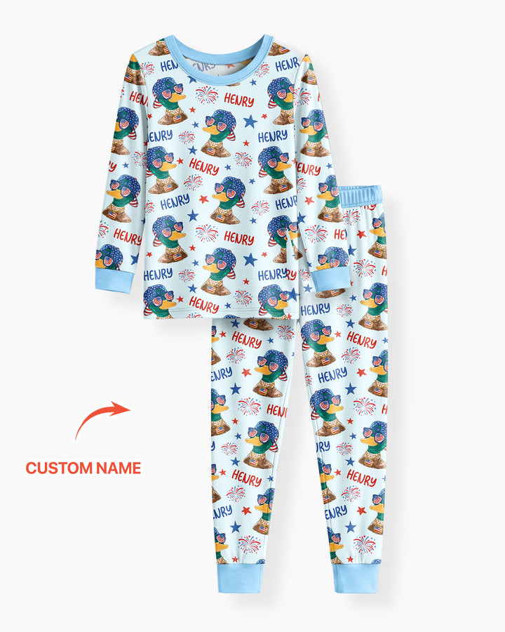 Custom Name Patriotic Mallard Duck Bamboo Two Piece Long Sleeve Pajama Set