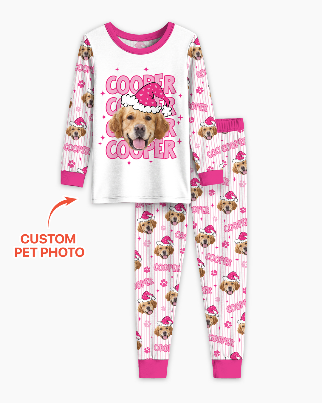 Personalized Pink Santa Dog Bamboo Two Piece Long Sleeve Pajama Set