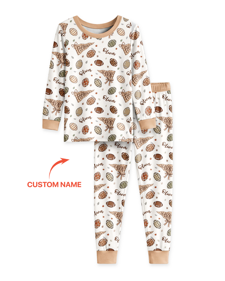 Custom Name Football Fall Season Bamboo Two Piece Long Sleeve Pajama Set