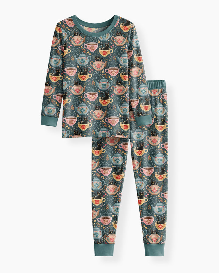 Folk Floral Black Cat Tea Party Bamboo Two Piece Long Sleeve Pajama Set