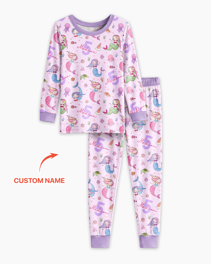 Custom Name Birthday Mermaid Bamboo Two Piece Long Sleeve Pajama Set