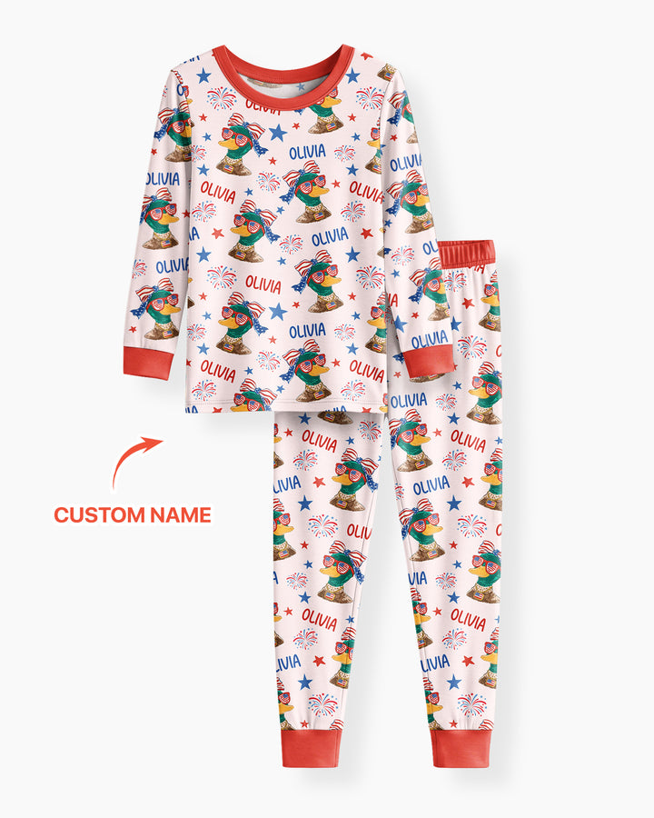 Custom Name Patriotic Mallard Duck Bamboo Two Piece Long Sleeve Pajama Set