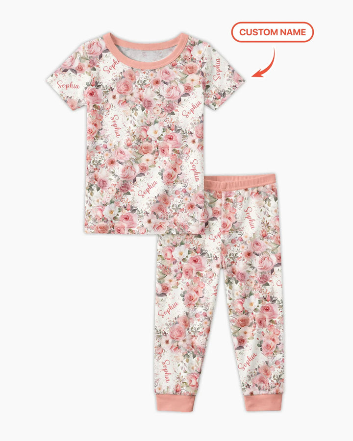 Custom Name Birth Month Flowers Bamboo Two Piece Short Sleeve Pajama Set