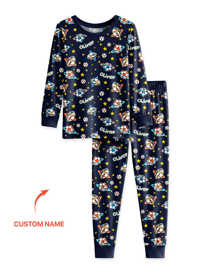 Custom Name Space Sport Bamboo Two Piece Long Sleeve Pajama Set