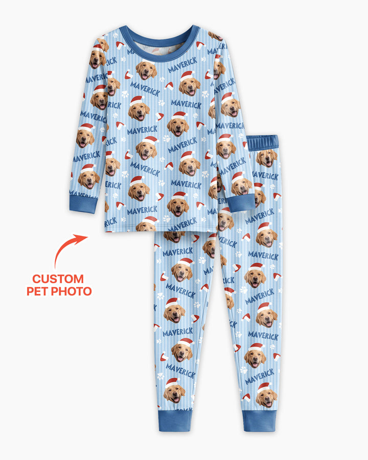 Custom Pet Photo Christmas Paws Stripe Bamboo Two Piece Long Sleeve Pajama Set