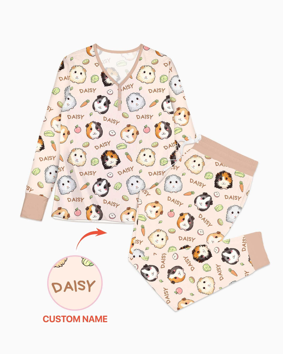 Custom Name Cute Guinea Pigs Bamboo Women Pajama Set