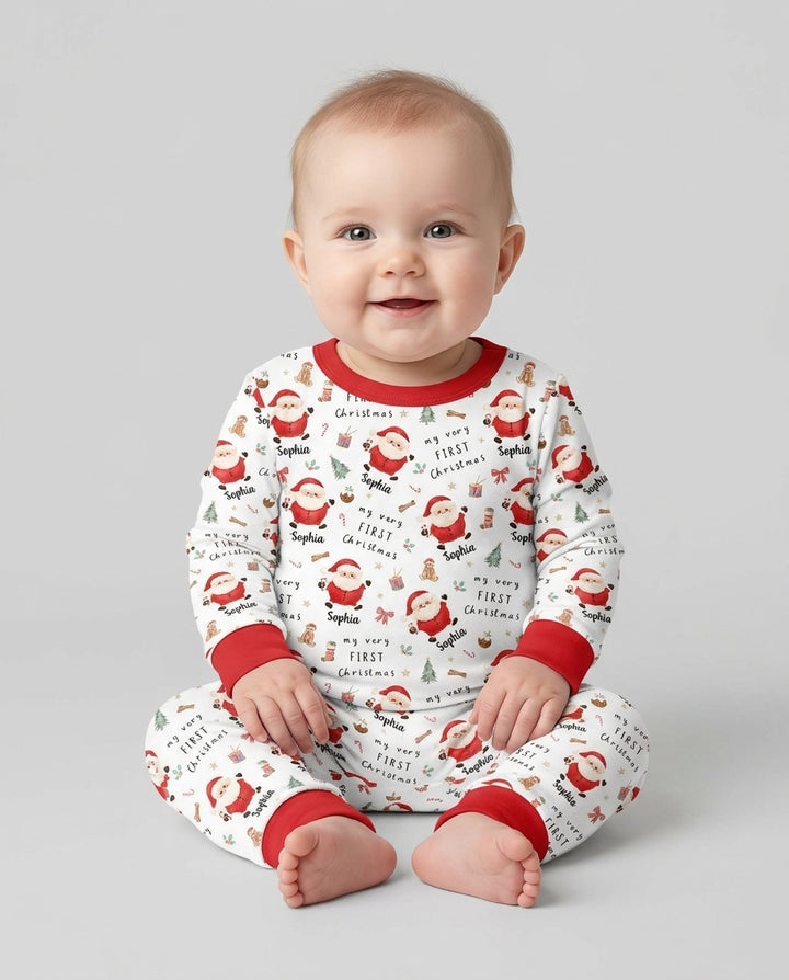 Custom Name My Very First Christmas Santa  Bamboo Two Piece Long Sleeve Pajama Set