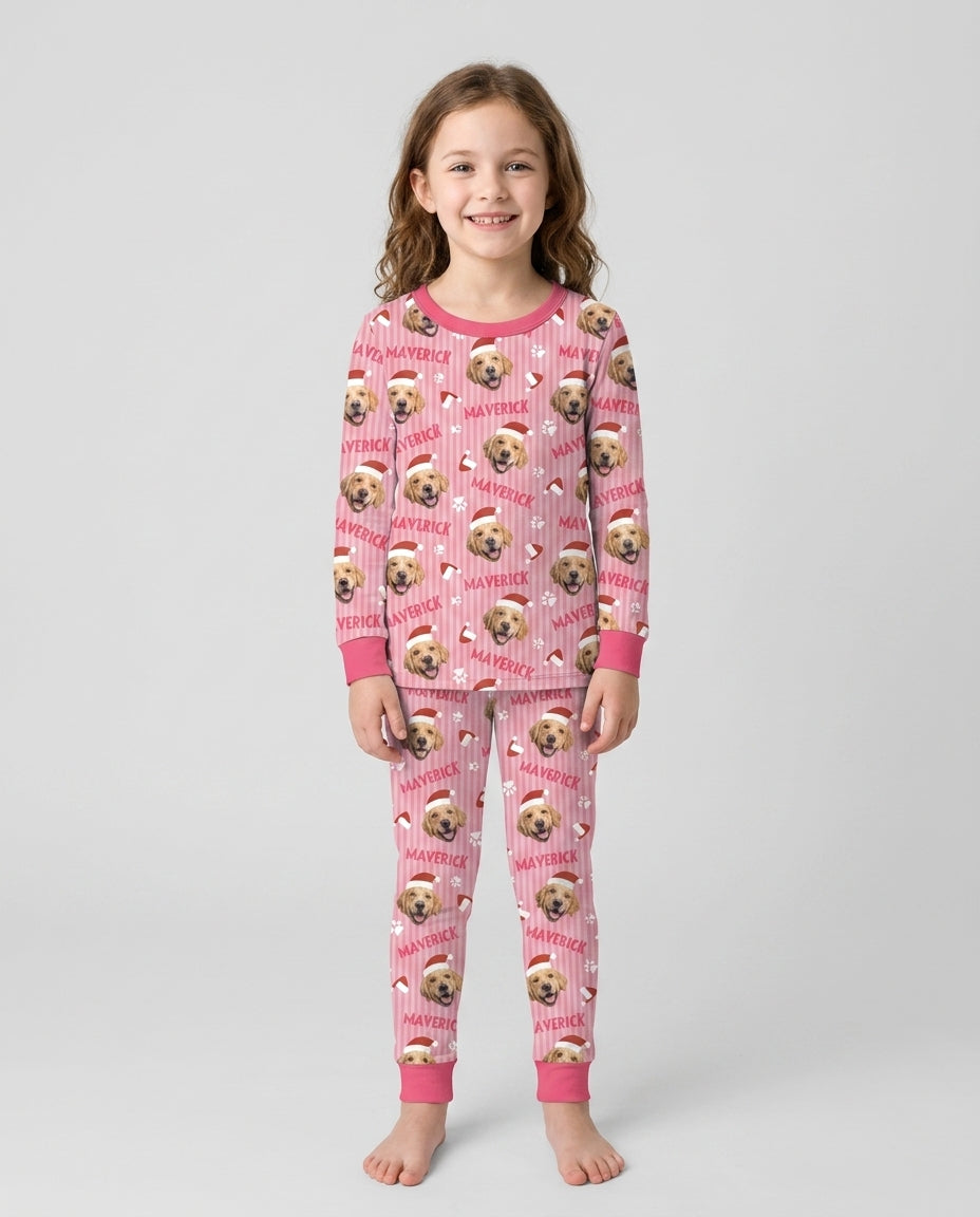 Custom Pet Photo Christmas Paws Stripe Bamboo Two Piece Long Sleeve Pajama Set