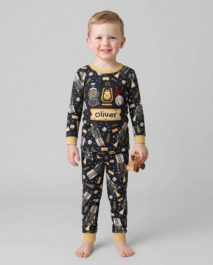 Custom Name Believe Kid Train Bamboo Two Piece Long Sleeve Pajama Set
