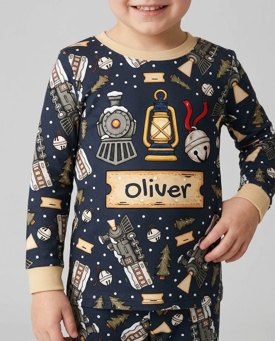 Custom Name Believe Kid Train Bamboo Two Piece Long Sleeve Pajama Set