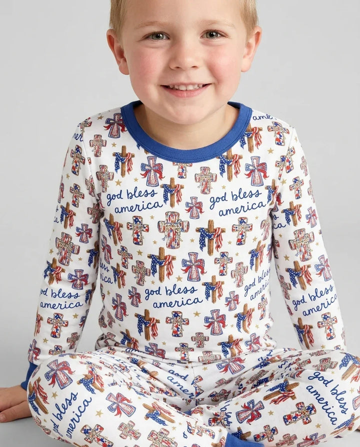 God Bless America Family Matching Bamboo Two Piece Long Sleeve Pajama Set