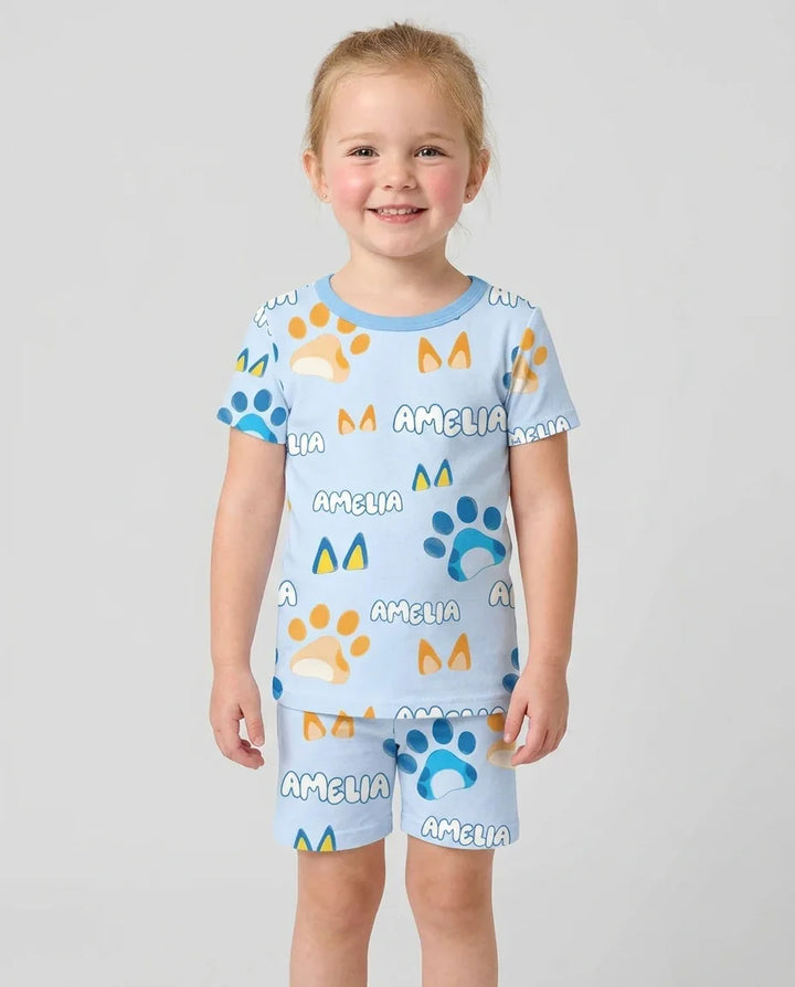 Custom Name Favourite Blue Dog Family Matching Bamboo Two Piece Short Sleeve Shorts Pajama Set