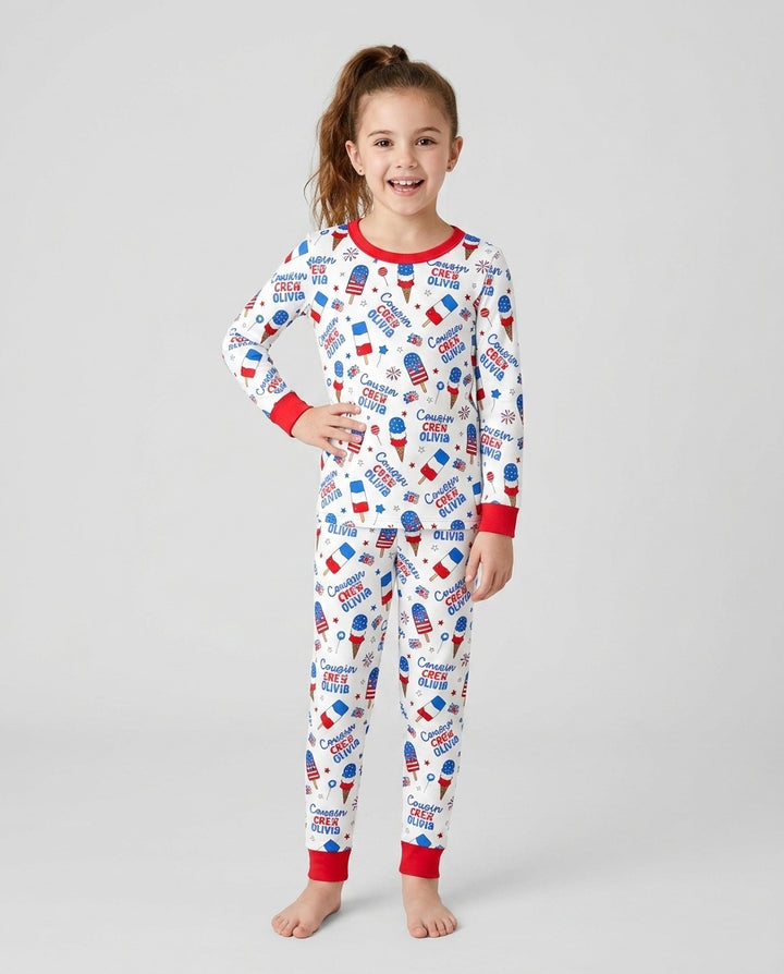Custom Name 4th of July Cousin Crew Bamboo Two Piece Long Sleeve Pajama Set