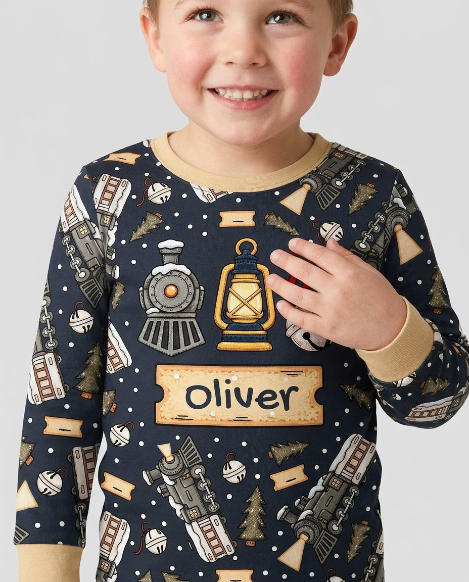 Custom Name Believe Kid Train Bamboo Two Piece Long Sleeve Pajama Set